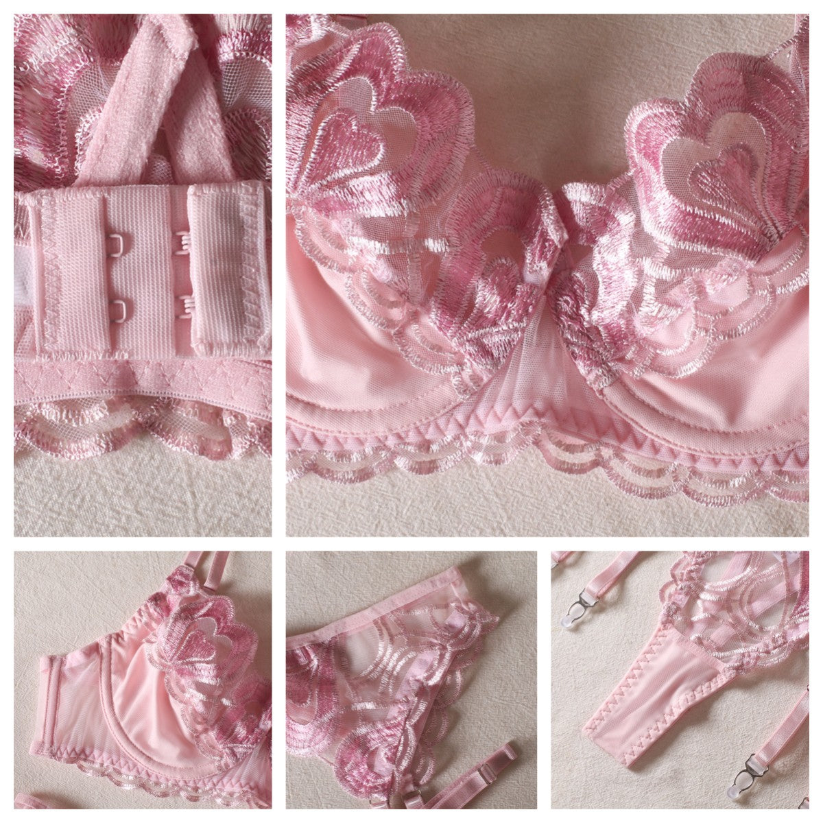 Pink Heart Underwire Bra and Panty Set with Garter Belt