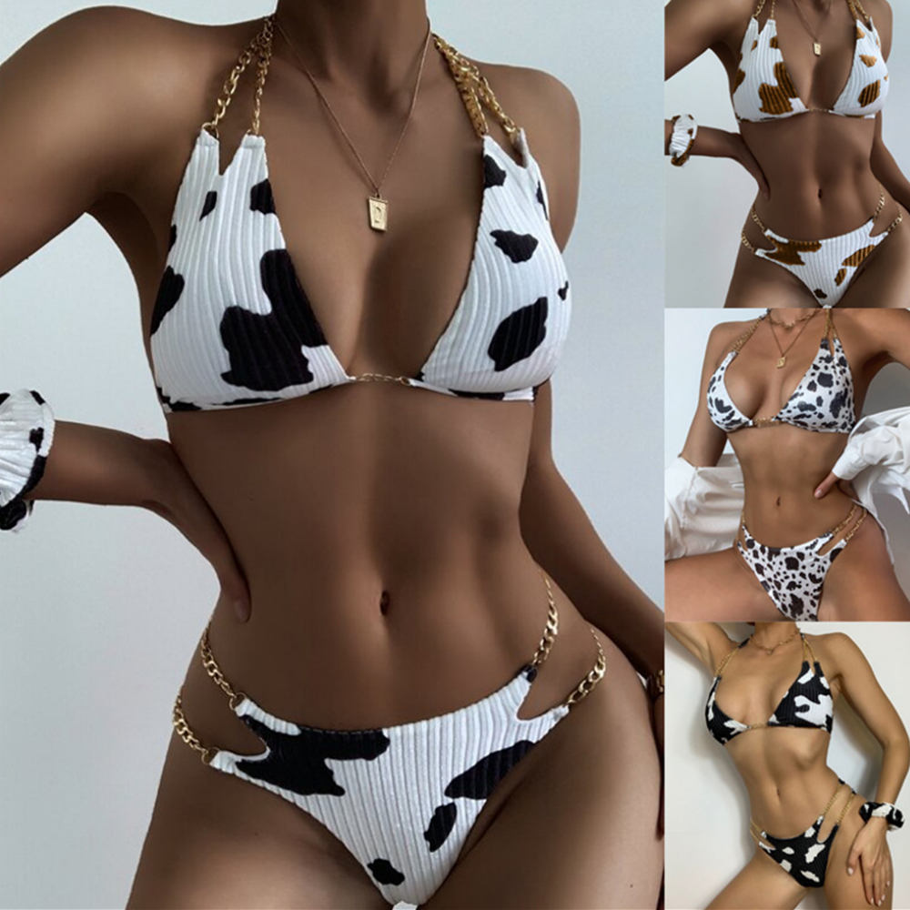 2pcs Sexy Cow Print Metal Chain Strap Bikini Set
