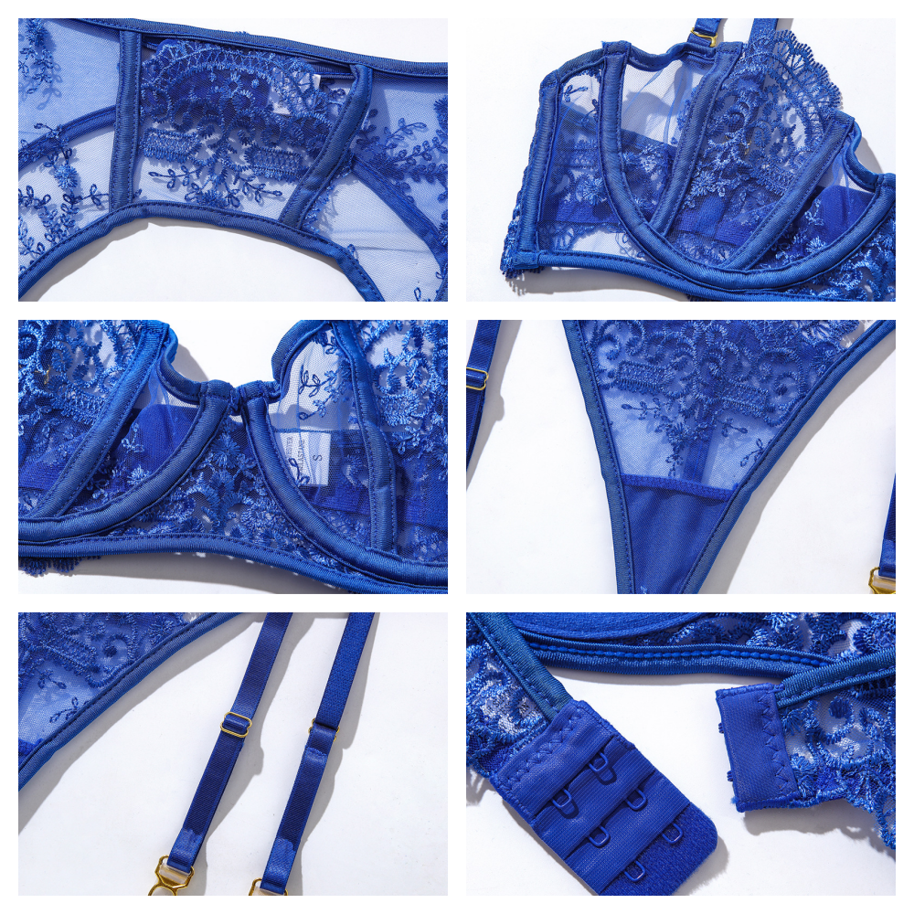 Lace Underwire Embroidered Sexy Lingerie Set with Garter Belt